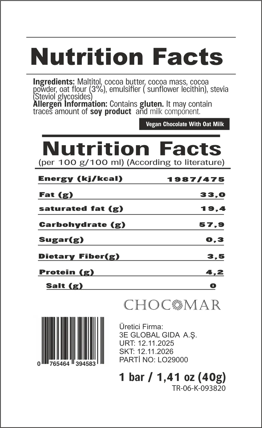 CHOCOMAR OAT MİLK ( YULAF SÜTLÜ ) VEGAN CHOCOLATE 